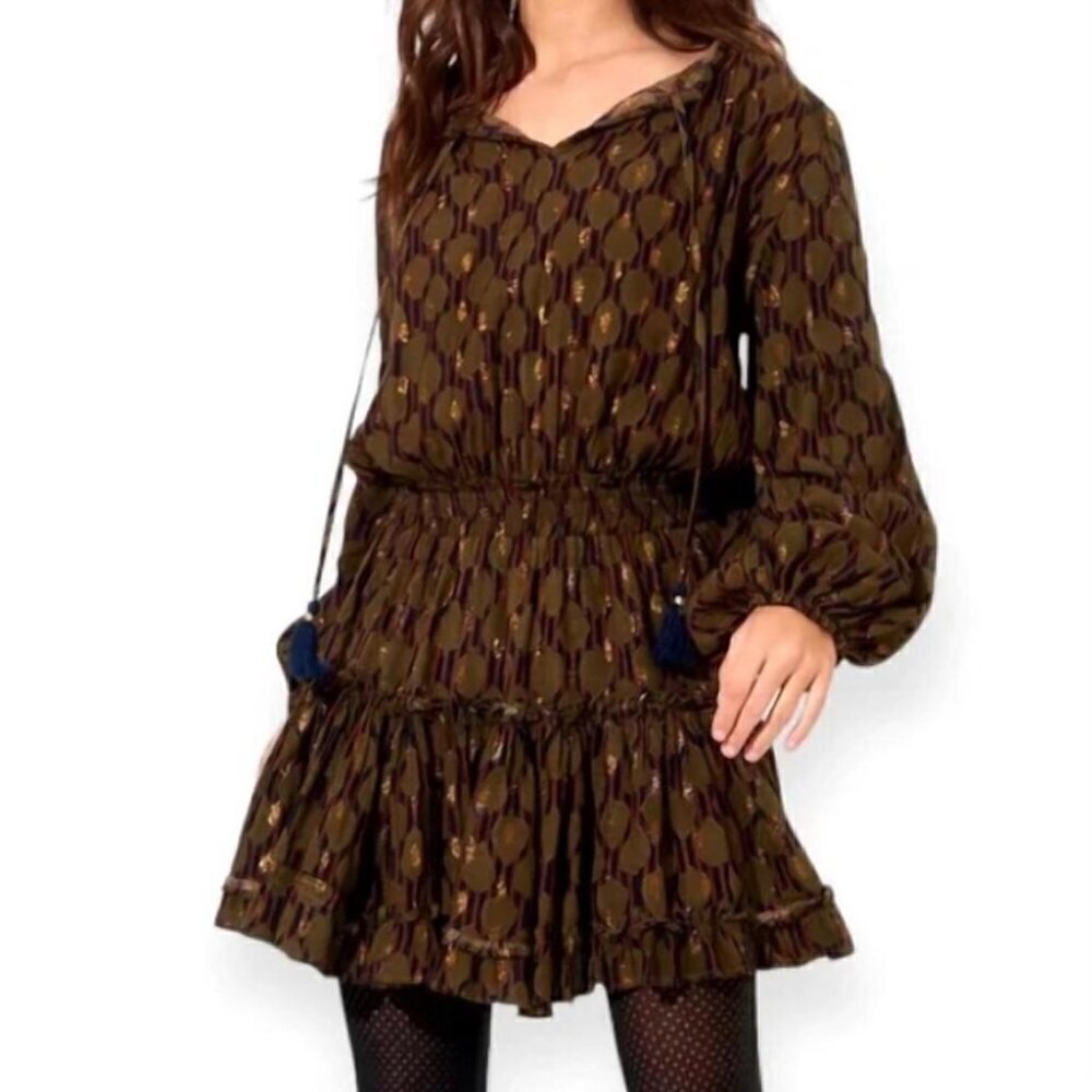 Oliphant Fig Smocked Tassel Mini Dress In Olive Green XS​​​​​​​​​​​